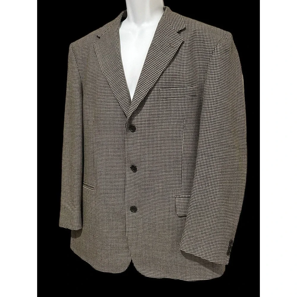 Daniel Hechter Men's Blazer Jacket Brown Black Houndstooth Wool 44L Long Vintage